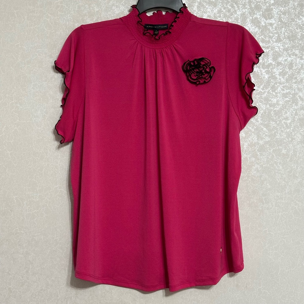 Adrienne Vittadini Rosette Smocked Mock Neck Flutter Sleeve Blouse Pink 2X